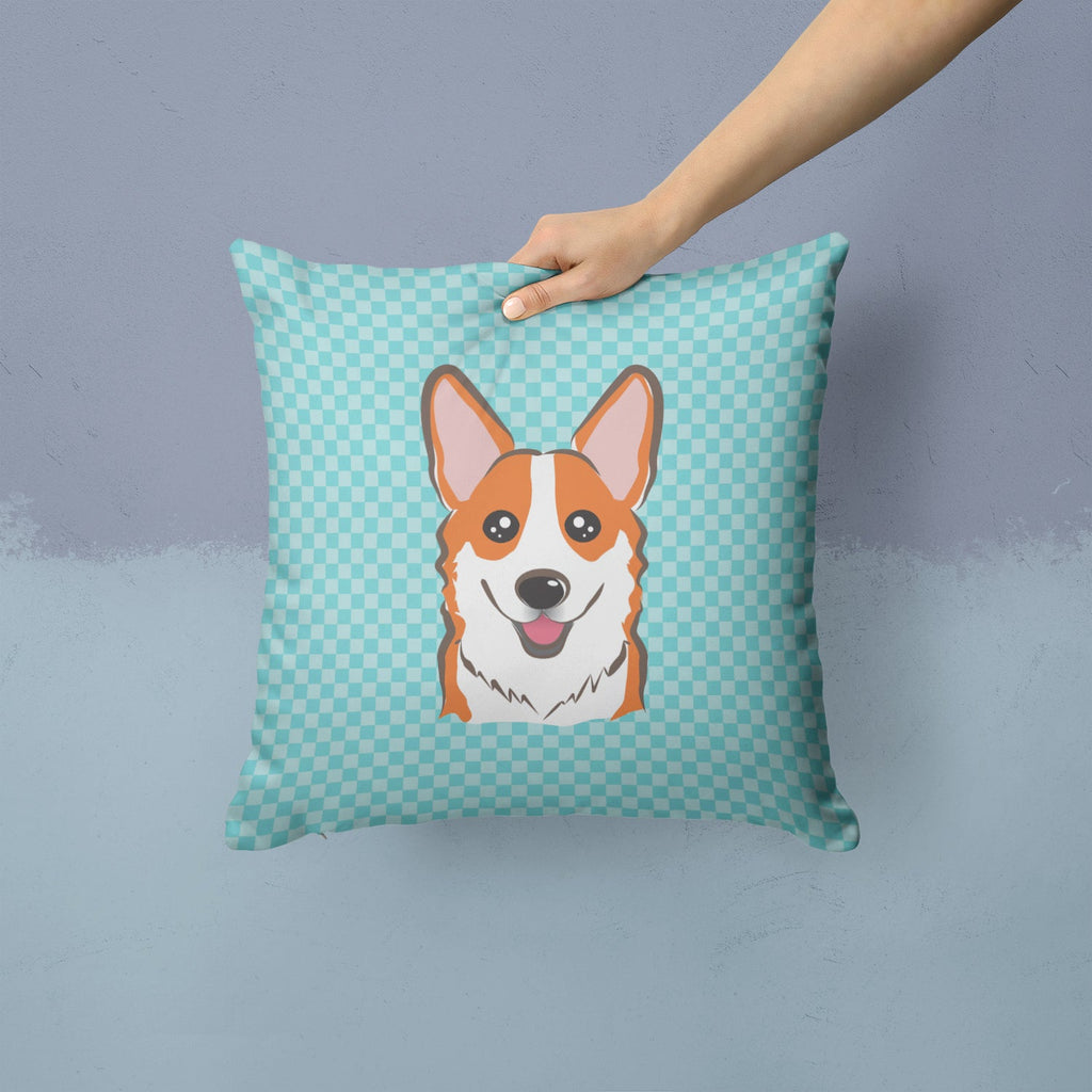 Checkerboard Blue Corgi Decorative Throw Pillow 14x14 Indoor Outdoor Accent Cushion, Fabric Cover with Insert for Sofa, Bed, Porch & Living Room