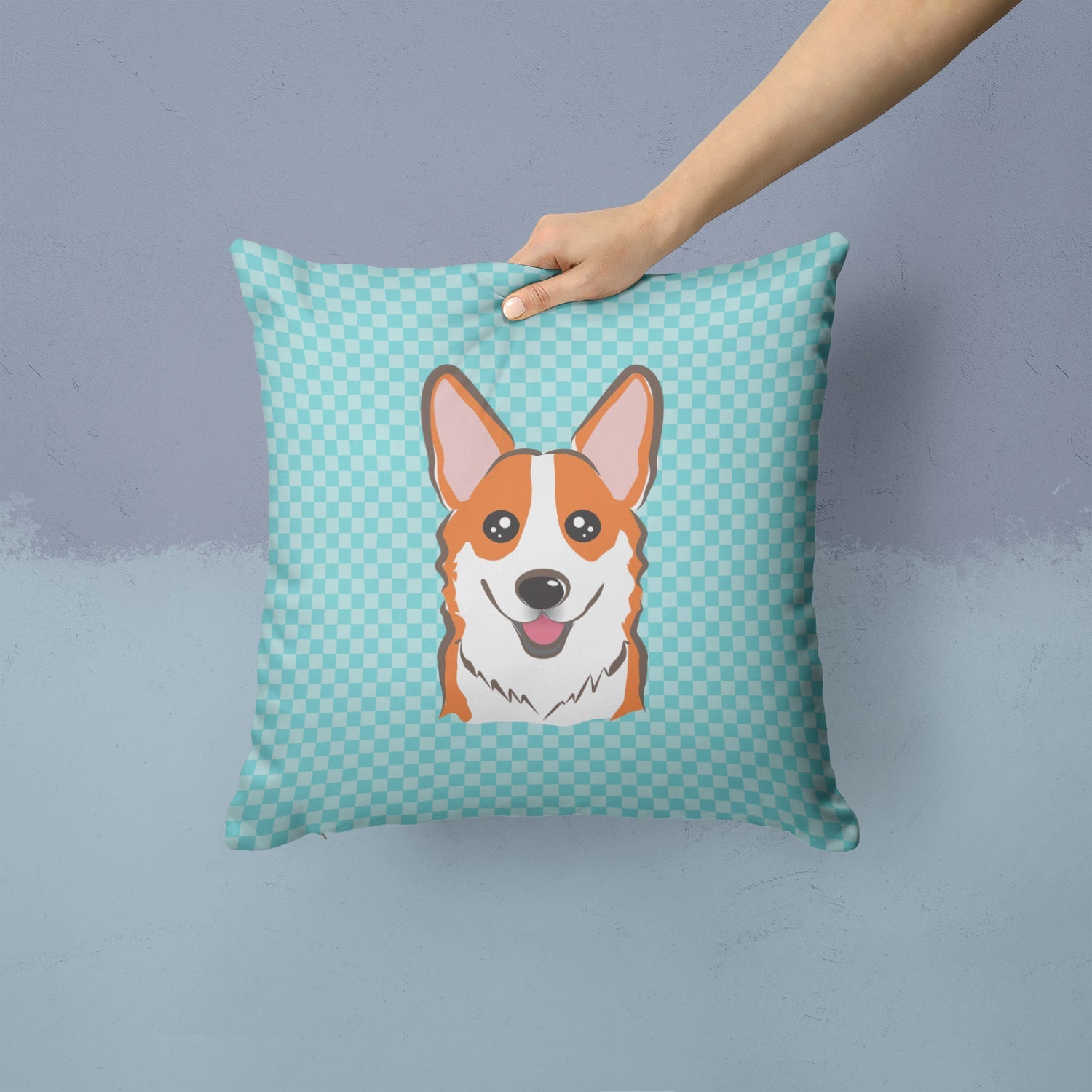 Checkerboard Blue Corgi Decorative Throw Pillow 14x14 Indoor Outdoor Accent Cushion, Fabric Cover with Insert for Sofa, Bed, Porch & Living Room