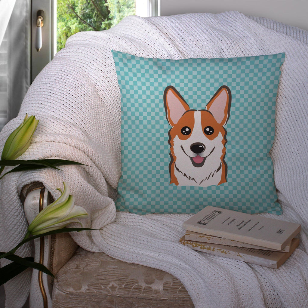 Checkerboard Blue Corgi Decorative Throw Pillow 14x14 Indoor Outdoor Accent Cushion, Fabric Cover with Insert for Sofa, Bed, Porch & Living Room