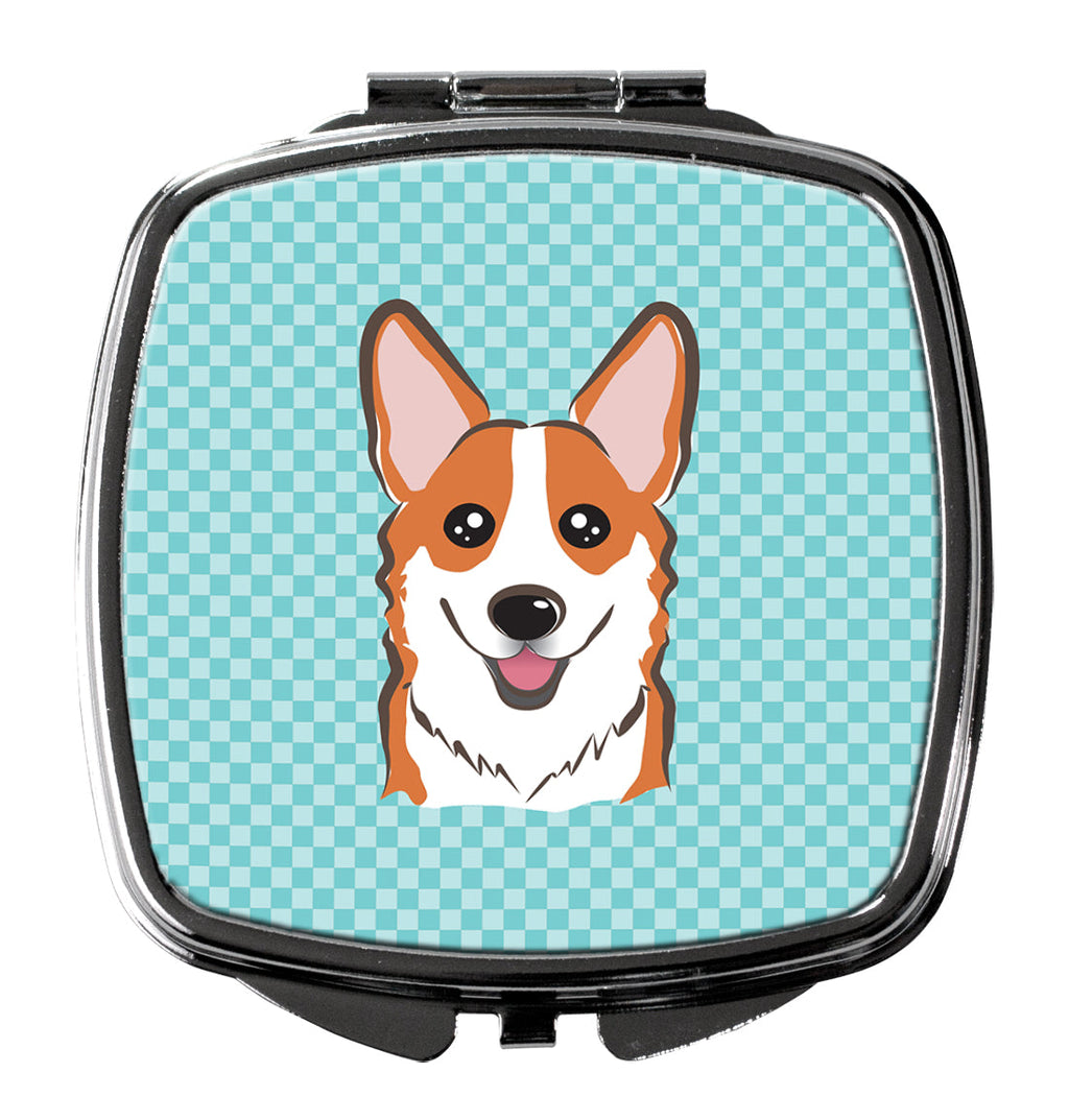 Checkerboard Blue Corgi Compact Mirror Decorative Travel Makeup Mirror for Women Girls Gifts Pocket Makeup Mirror Folding Handheld