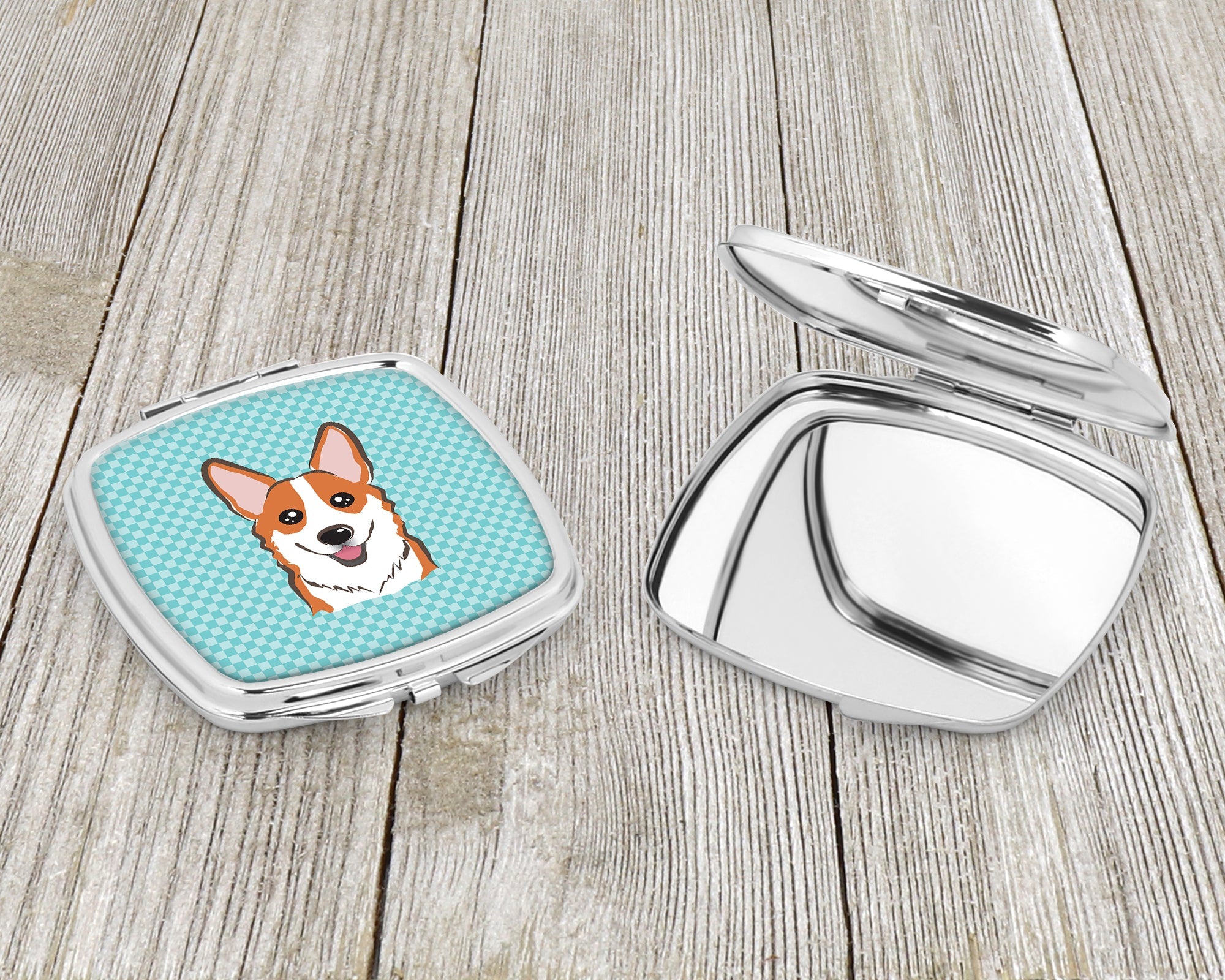 Checkerboard Blue Corgi Compact Mirror Decorative Travel Makeup Mirror for Women Girls Gifts Pocket Makeup Mirror Folding Handheld