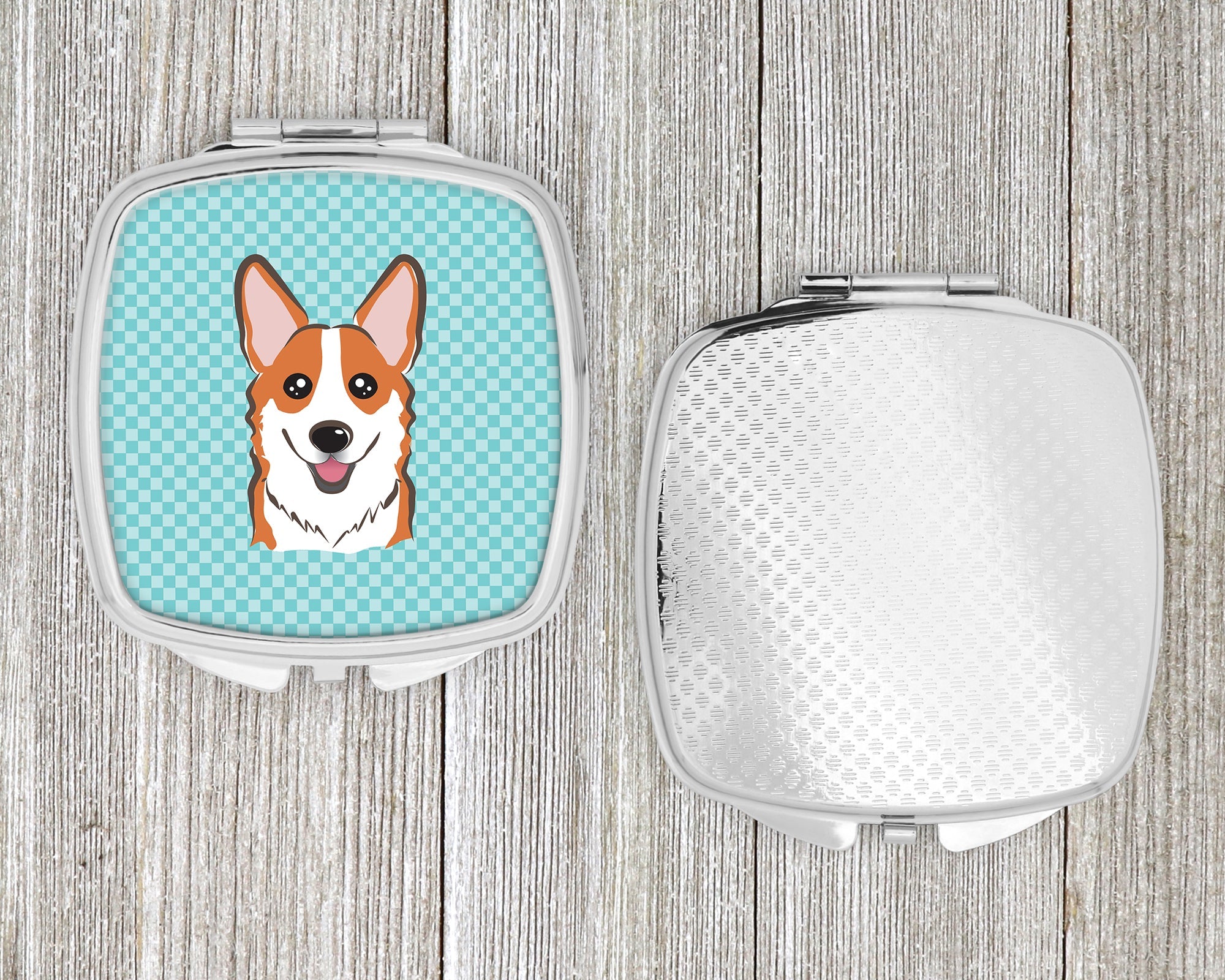 Checkerboard Blue Corgi Compact Mirror Decorative Travel Makeup Mirror for Women Girls Gifts Pocket Makeup Mirror Folding Handheld
