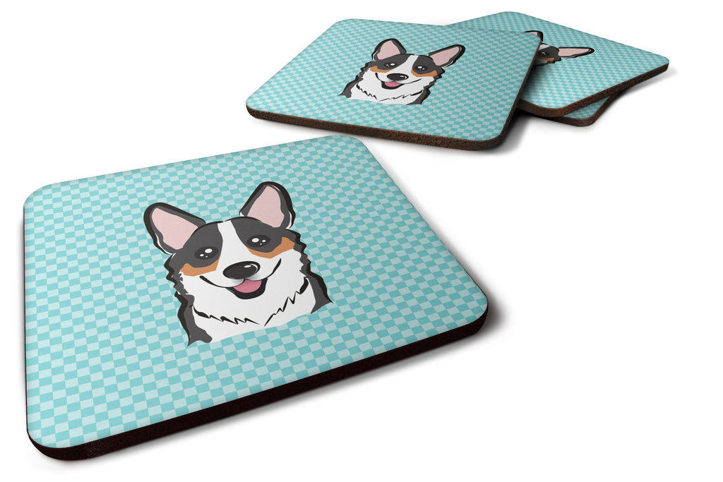 Checkerboard Blue Corgi Foam Coasters Set of 4 Cup Coasters for Indoor Outdoor, Tabletop Protection, Anti Slip, Mouse pad Material