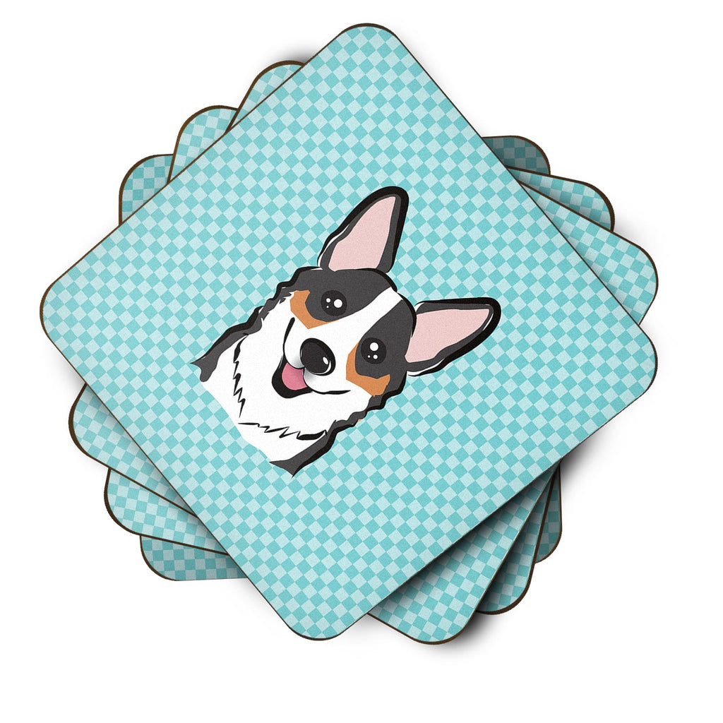 Checkerboard Blue Corgi Foam Coasters Set of 4 Cup Coasters for Indoor Outdoor, Tabletop Protection, Anti Slip, Mouse pad Material