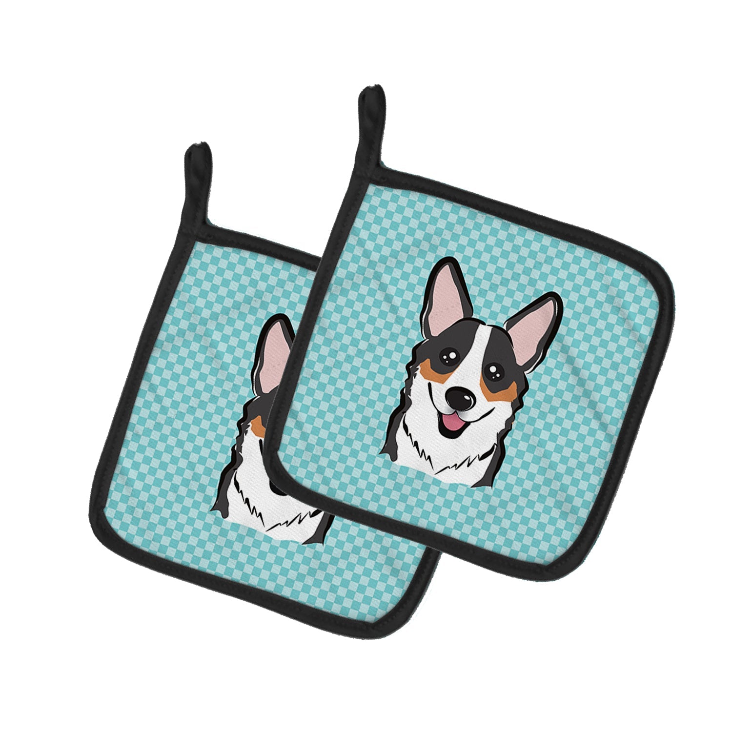 Checkerboard Blue Corgi Pot Holder Set of 2 Heat Resistant Quilted Hot Pads 7.5 x 7.5 Inch, Insulated Kitchen Trivets for Cooking & Baking