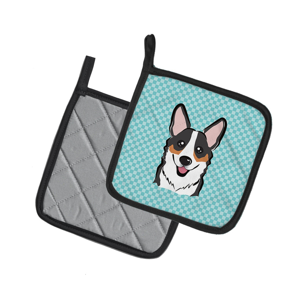 Checkerboard Blue Corgi Pot Holder Set of 2 Heat Resistant Quilted Hot Pads 7.5 x 7.5 Inch, Insulated Kitchen Trivets for Cooking & Baking