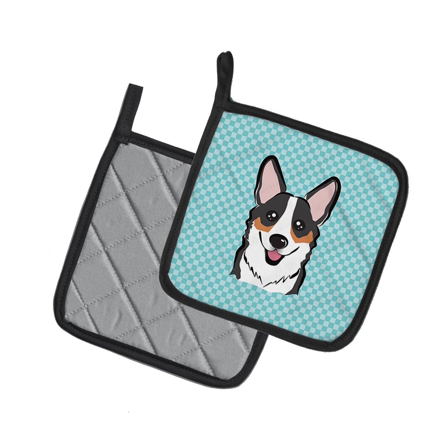 Checkerboard Blue Corgi Pot Holder Set of 2 Heat Resistant Quilted Hot Pads 7.5 x 7.5 Inch, Insulated Kitchen Trivets for Cooking & Baking