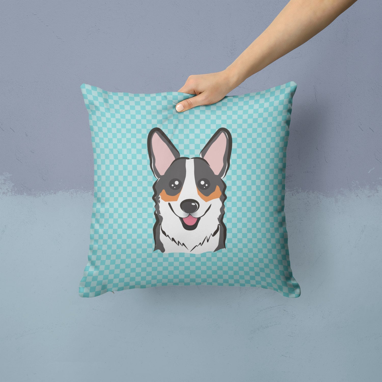 Checkerboard Blue Corgi Decorative Throw Pillow 14x14 Indoor Outdoor Accent Cushion, Fabric Cover with Insert for Sofa, Bed, Porch & Living Room