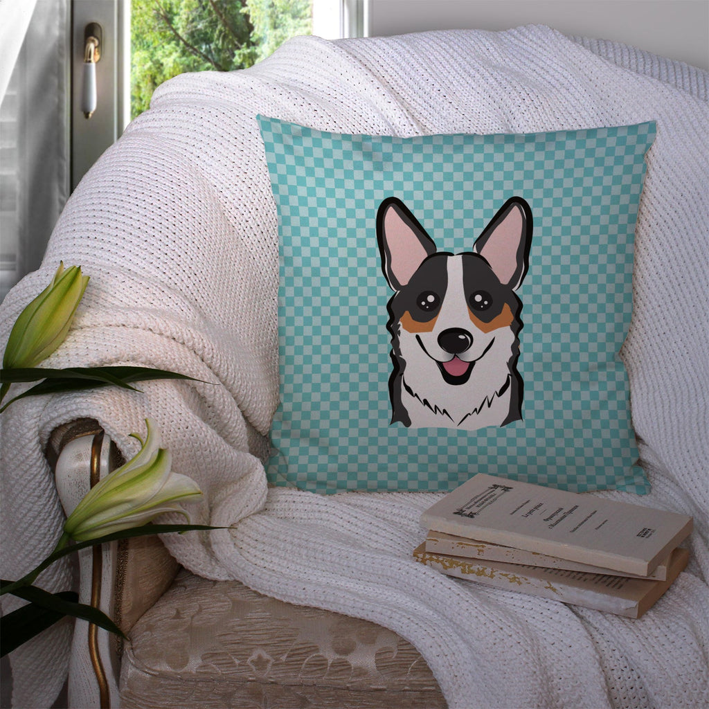 Checkerboard Blue Corgi Decorative Throw Pillow 14x14 Indoor Outdoor Accent Cushion, Fabric Cover with Insert for Sofa, Bed, Porch & Living Room