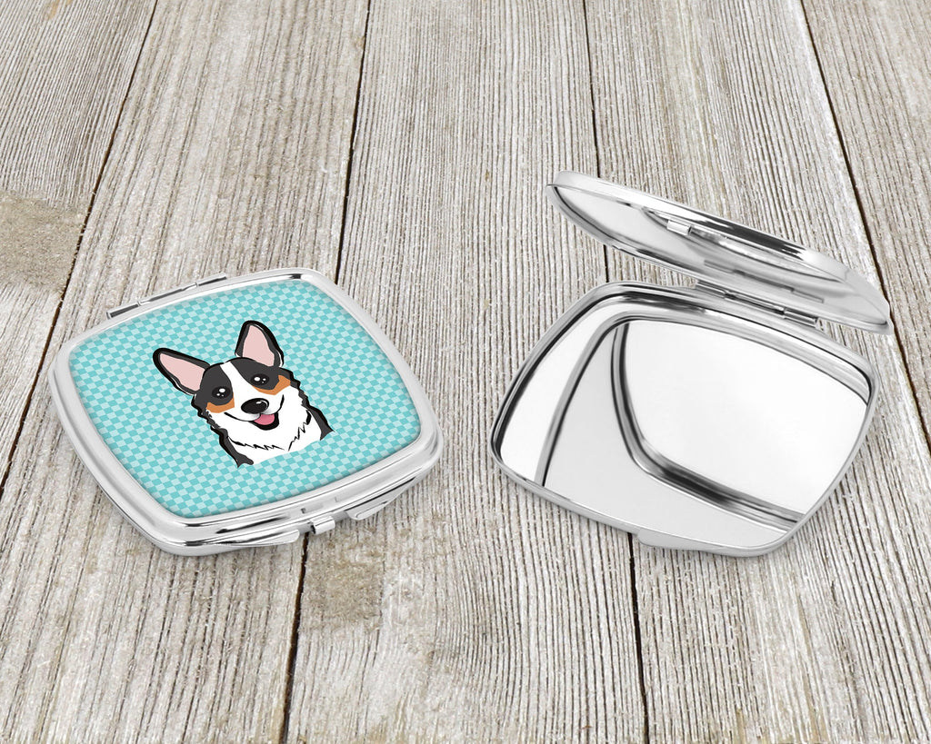 Checkerboard Blue Corgi Compact Mirror Decorative Travel Makeup Mirror for Women Girls Gifts Pocket Makeup Mirror Folding Handheld
