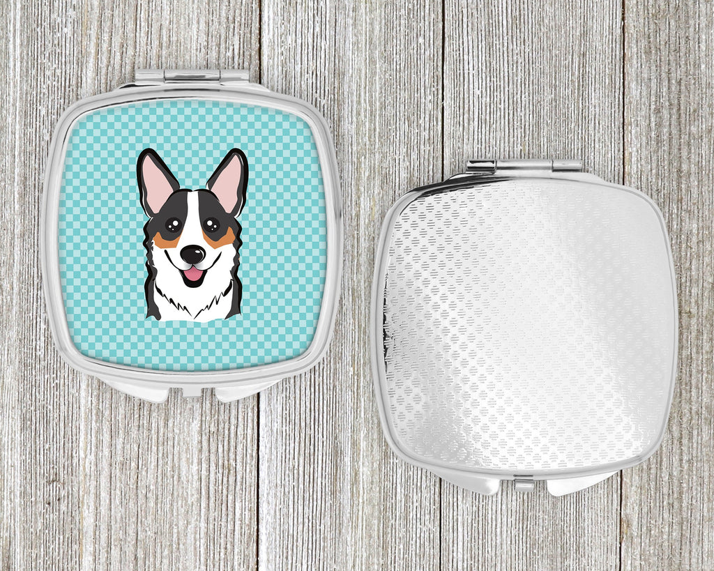 Checkerboard Blue Corgi Compact Mirror Decorative Travel Makeup Mirror for Women Girls Gifts Pocket Makeup Mirror Folding Handheld
