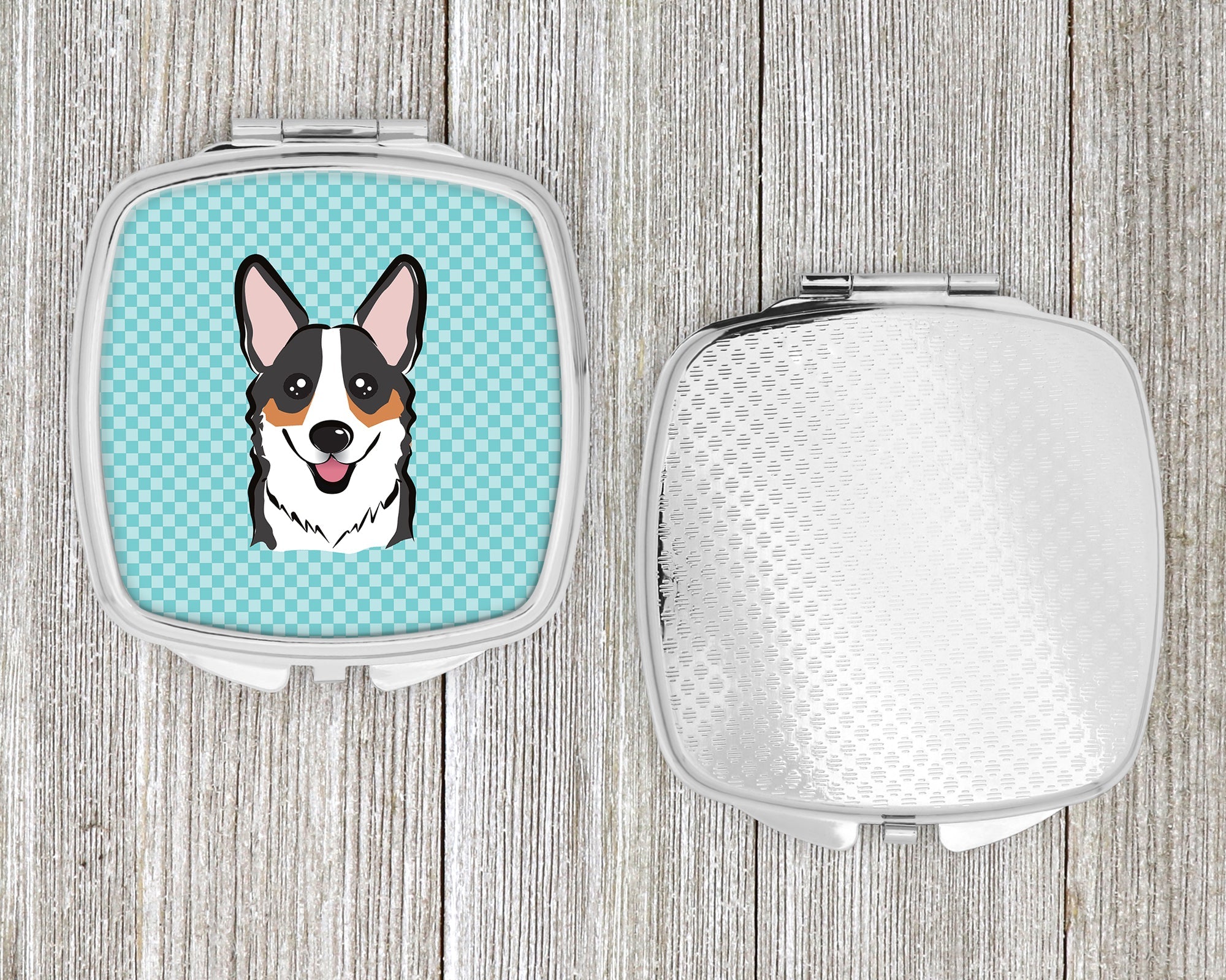 Checkerboard Blue Corgi Compact Mirror Decorative Travel Makeup Mirror for Women Girls Gifts Pocket Makeup Mirror Folding Handheld