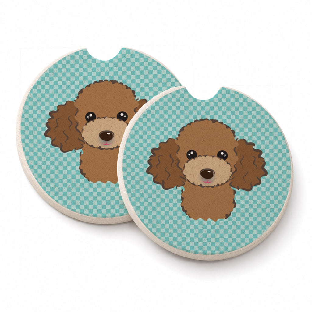 Checkerboard Blue Chocolate Brown Poodle Set of 2 Cup Holder Car Coasters Absorbent Round Sandstone Coasters Gifts for Men or Women, 2.5, Multicolor