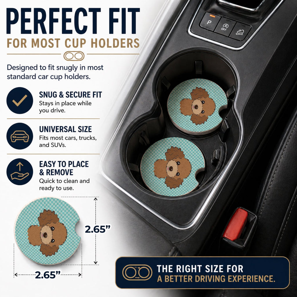 Checkerboard Blue Chocolate Brown Poodle Set of 2 Cup Holder Car Coasters Absorbent Round Sandstone Coasters Gifts for Men or Women, 2.5, Multicolor