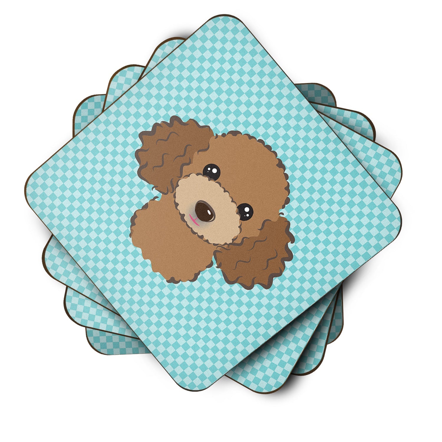 Checkerboard Blue Chocolate Brown Poodle Foam Coasters Set of 4 Cup Coasters for Indoor Outdoor, Tabletop Protection, Anti Slip, Mouse pad Material