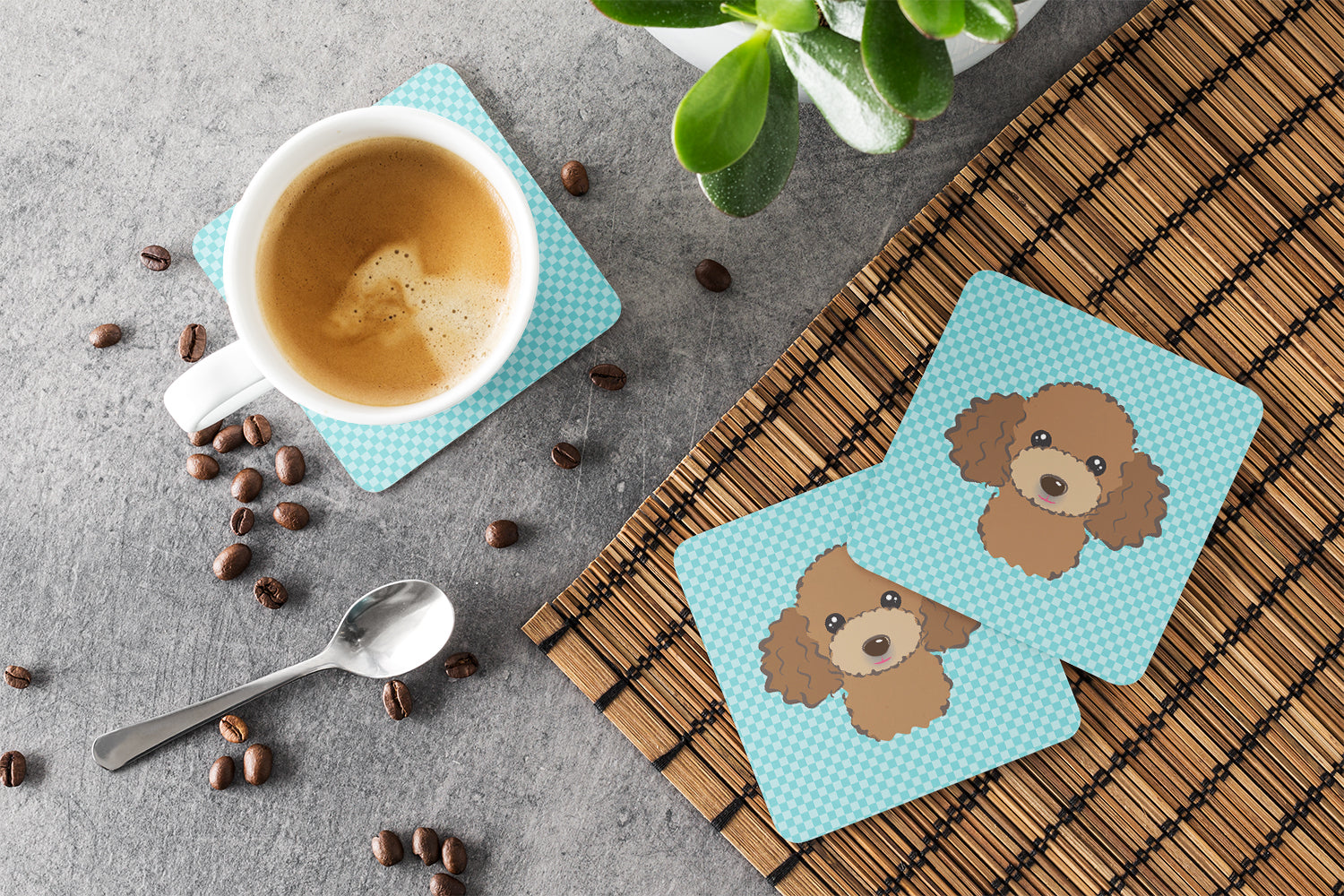Checkerboard Blue Chocolate Brown Poodle Foam Coasters Set of 4 Cup Coasters for Indoor Outdoor, Tabletop Protection, Anti Slip, Mouse pad Material