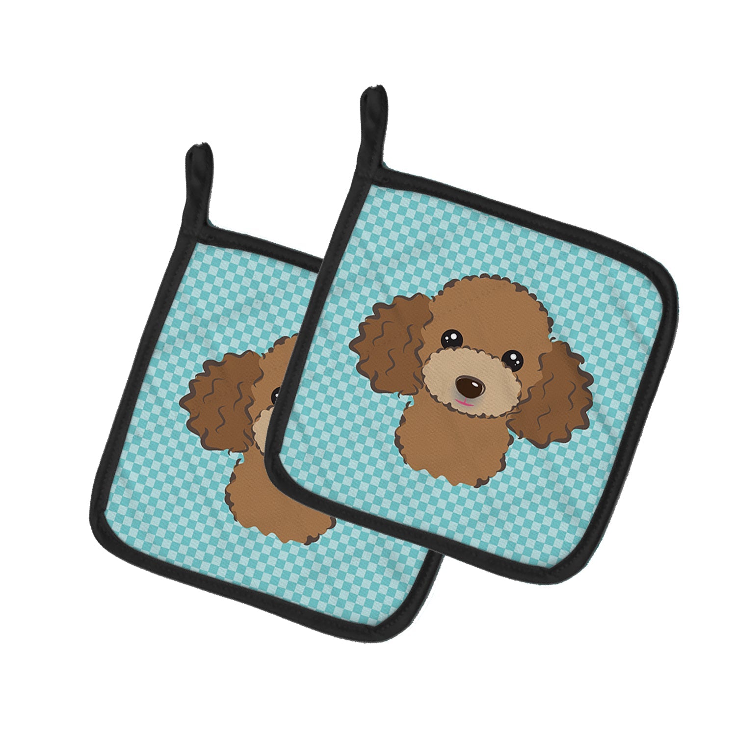 Checkerboard Blue Chocolate Brown Poodle Pot Holder Set of 2 Heat Resistant Quilted Hot Pads 7.5 x 7.5 Inch, Insulated Kitchen Trivets for Cooking & Baking