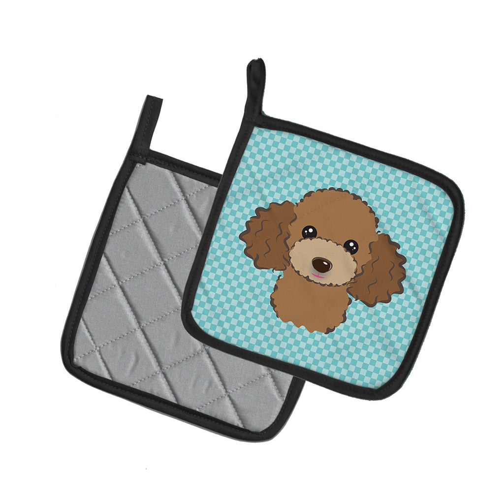Checkerboard Blue Chocolate Brown Poodle Pot Holder Set of 2 Heat Resistant Quilted Hot Pads 7.5 x 7.5 Inch, Insulated Kitchen Trivets for Cooking & Baking