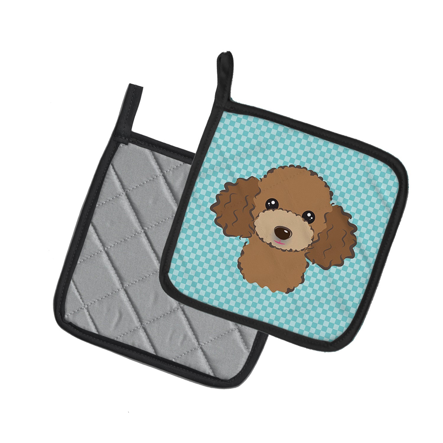 Checkerboard Blue Chocolate Brown Poodle Pot Holder Set of 2 Heat Resistant Quilted Hot Pads 7.5 x 7.5 Inch, Insulated Kitchen Trivets for Cooking & Baking