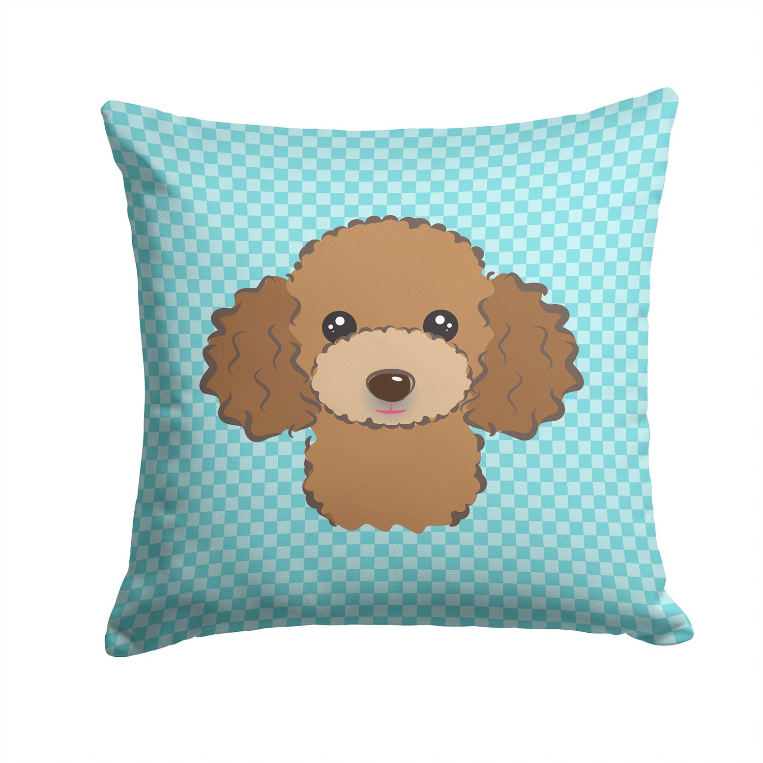 Checkerboard Blue Chocolate Brown Poodle Decorative Throw Pillow 14x14 Indoor Outdoor Accent Cushion, Fabric Cover with Insert for Sofa, Bed, Porch & Living Room