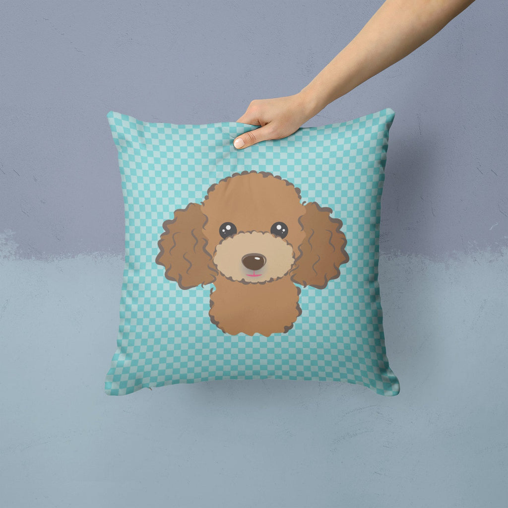 Checkerboard Blue Chocolate Brown Poodle Decorative Throw Pillow 14x14 Indoor Outdoor Accent Cushion, Fabric Cover with Insert for Sofa, Bed, Porch & Living Room