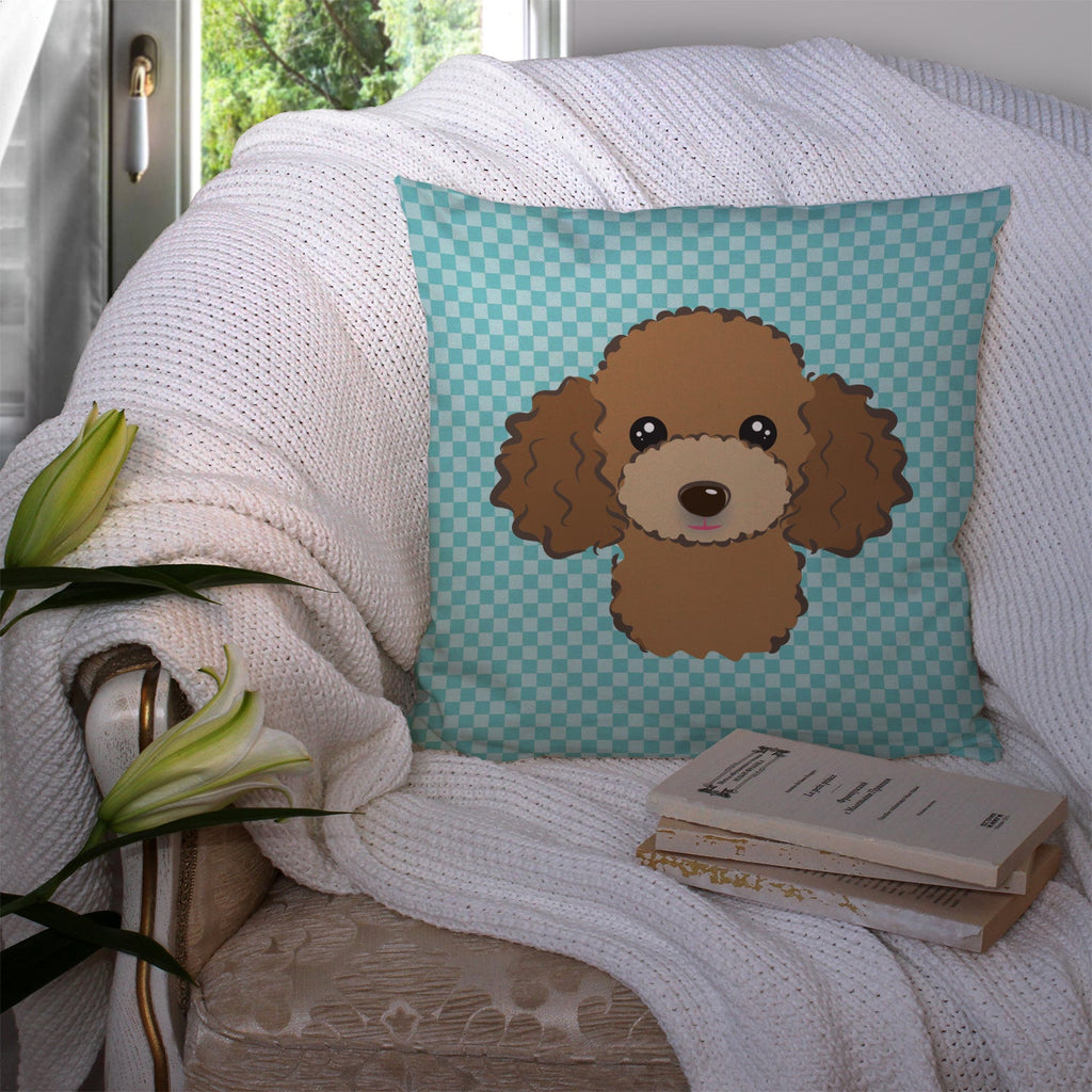 Checkerboard Blue Chocolate Brown Poodle Decorative Throw Pillow 14x14 Indoor Outdoor Accent Cushion, Fabric Cover with Insert for Sofa, Bed, Porch & Living Room