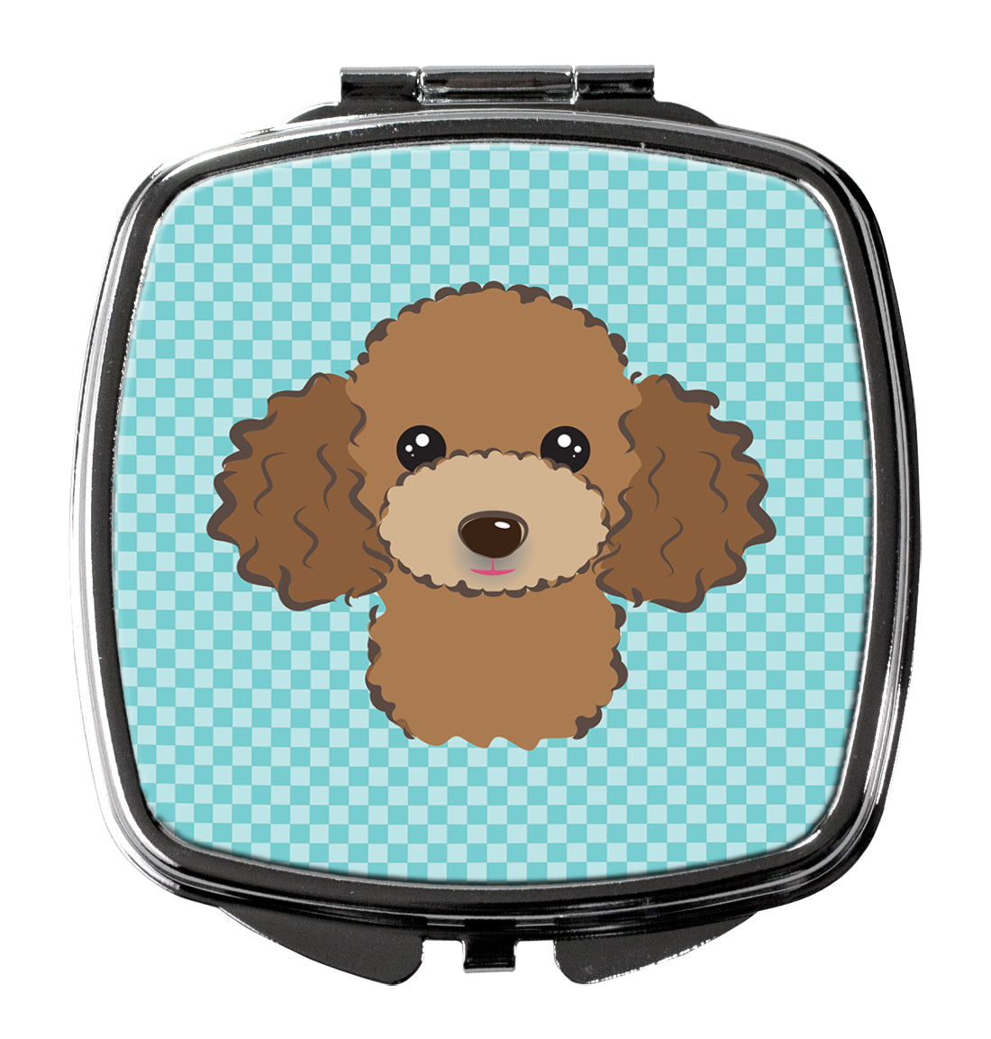 Checkerboard Blue Chocolate Brown Poodle Compact Mirror Decorative Travel Makeup Mirror for Women Girls Gifts Pocket Makeup Mirror Folding Handheld