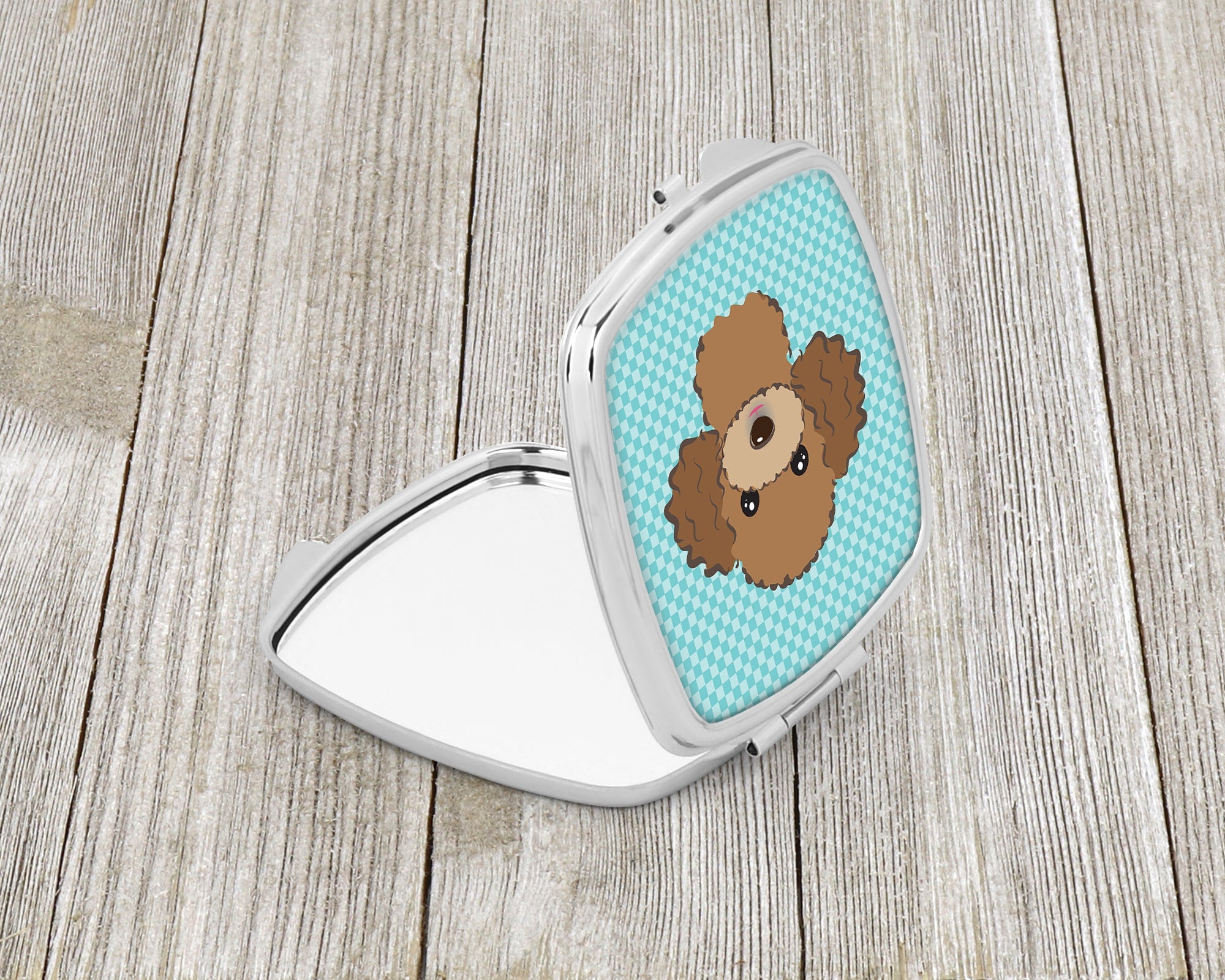 Checkerboard Blue Chocolate Brown Poodle Compact Mirror Decorative Travel Makeup Mirror for Women Girls Gifts Pocket Makeup Mirror Folding Handheld