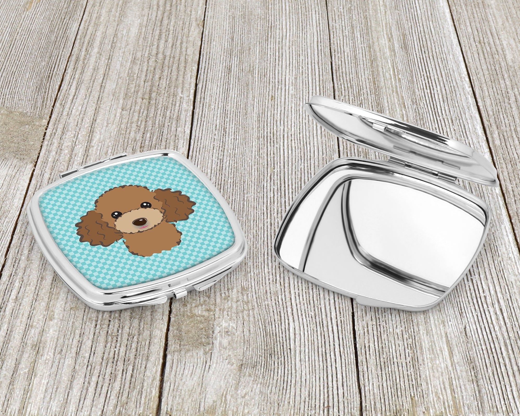 Checkerboard Blue Chocolate Brown Poodle Compact Mirror Decorative Travel Makeup Mirror for Women Girls Gifts Pocket Makeup Mirror Folding Handheld