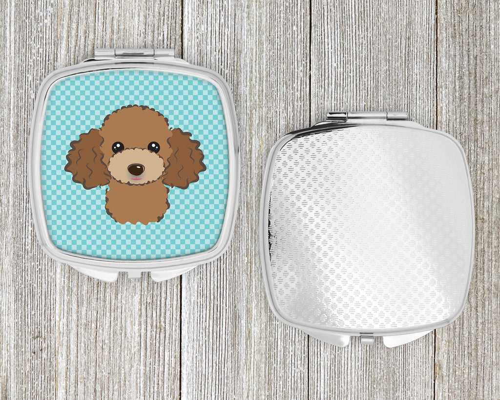 Checkerboard Blue Chocolate Brown Poodle Compact Mirror Decorative Travel Makeup Mirror for Women Girls Gifts Pocket Makeup Mirror Folding Handheld