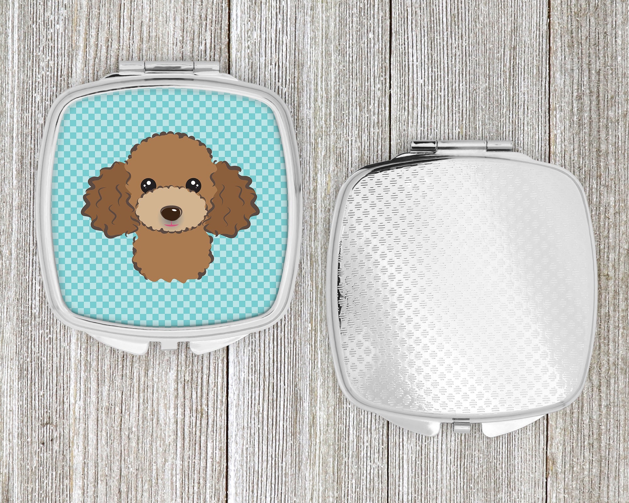 Checkerboard Blue Chocolate Brown Poodle Compact Mirror Decorative Travel Makeup Mirror for Women Girls Gifts Pocket Makeup Mirror Folding Handheld