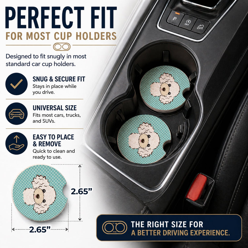 Checkerboard Blue White Poodle Set of 2 Cup Holder Car Coasters Absorbent Round Sandstone Coasters Gifts for Men or Women, 2.5, Multicolor