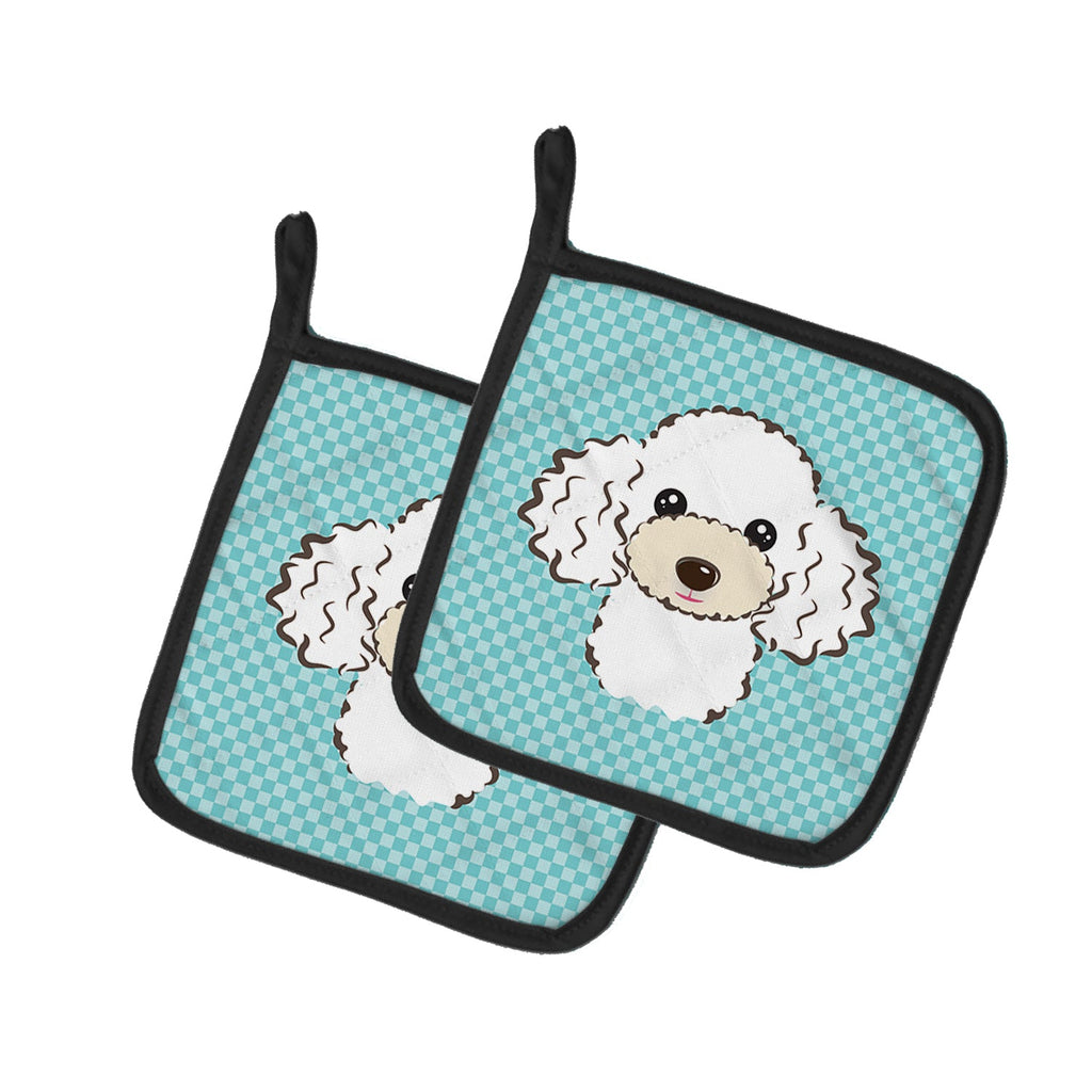 Checkerboard Blue White Poodle Pot Holder Set of 2 Heat Resistant Quilted Hot Pads 7.5 x 7.5 Inch, Insulated Kitchen Trivets for Cooking & Baking