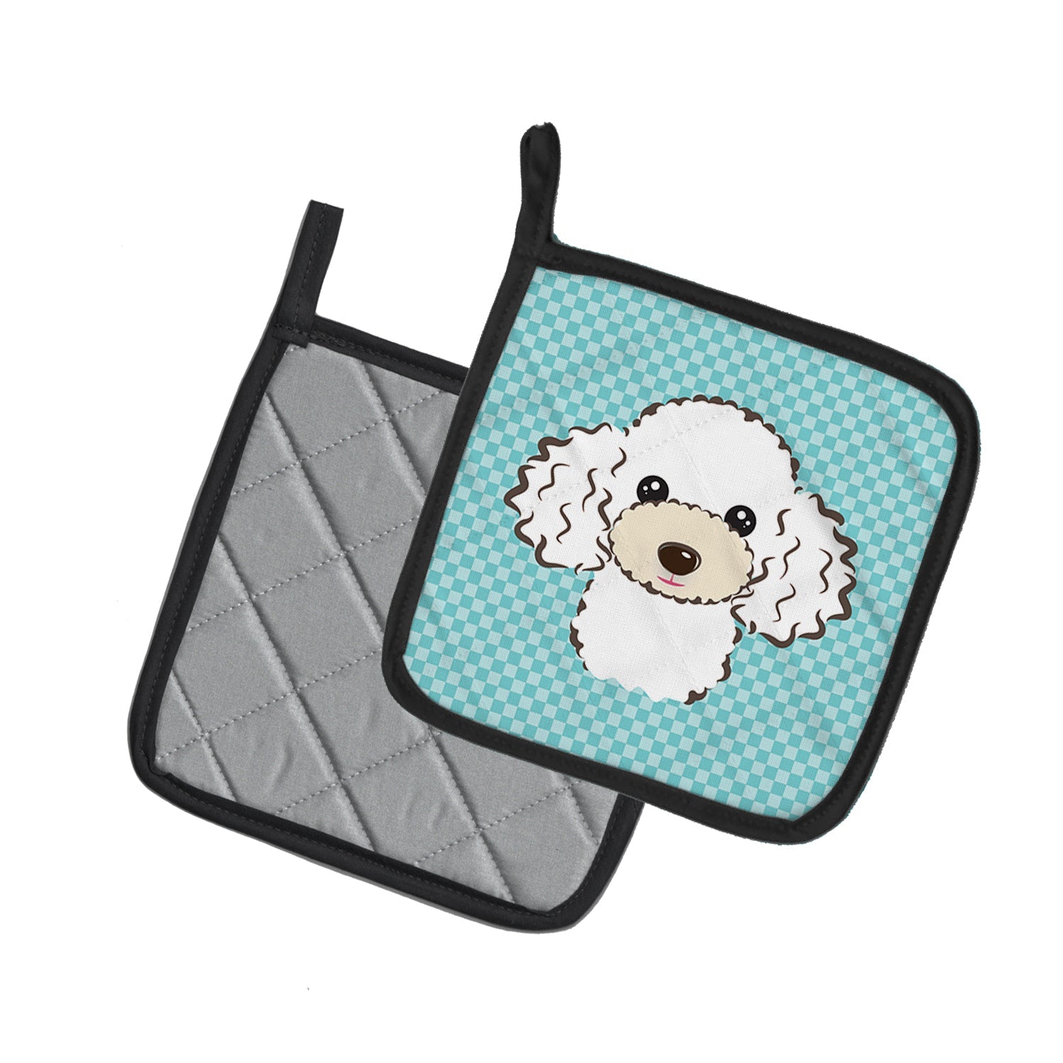Checkerboard Blue White Poodle Pot Holder Set of 2 Heat Resistant Quilted Hot Pads 7.5 x 7.5 Inch, Insulated Kitchen Trivets for Cooking & Baking
