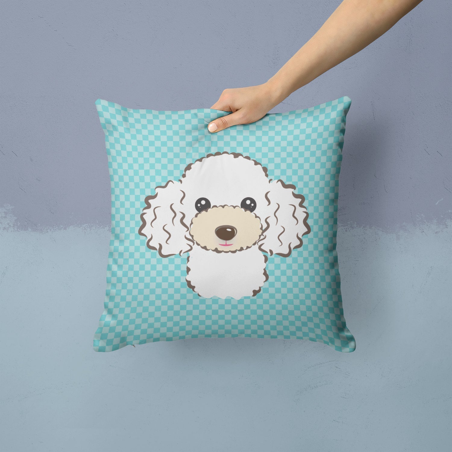 Checkerboard Blue White Poodle Decorative Throw Pillow 14x14 Indoor Outdoor Accent Cushion, Fabric Cover with Insert for Sofa, Bed, Porch & Living Room