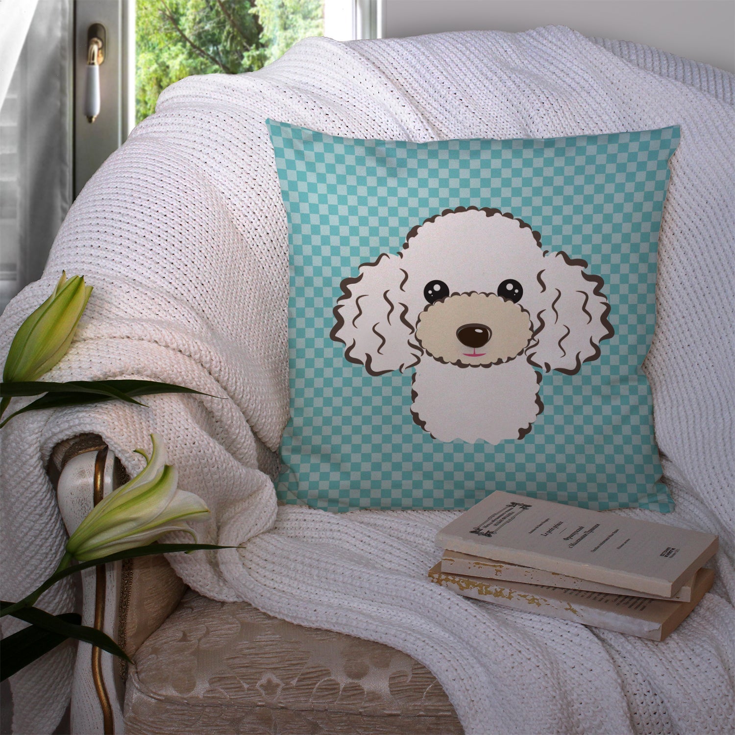 Checkerboard Blue White Poodle Decorative Throw Pillow 14x14 Indoor Outdoor Accent Cushion, Fabric Cover with Insert for Sofa, Bed, Porch & Living Room