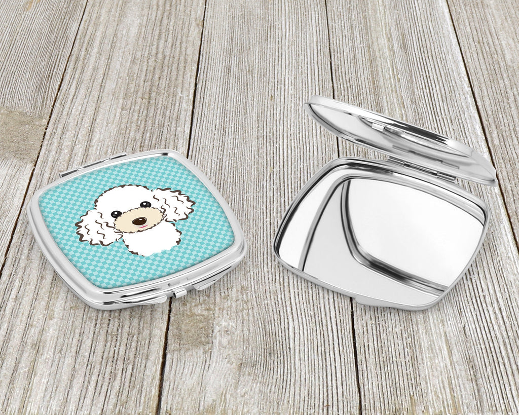 Checkerboard Blue White Poodle Compact Mirror Decorative Travel Makeup Mirror for Women Girls Gifts Pocket Makeup Mirror Folding Handheld