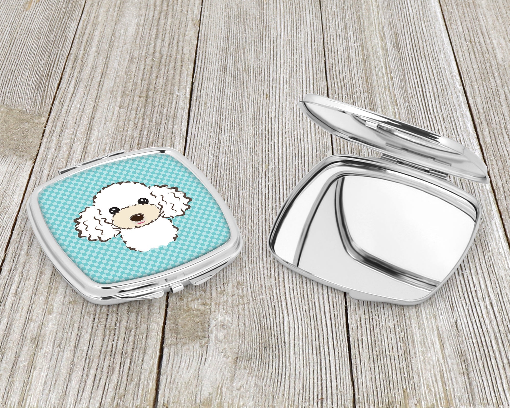 Checkerboard Blue White Poodle Compact Mirror Decorative Travel Makeup Mirror for Women Girls Gifts Pocket Makeup Mirror Folding Handheld