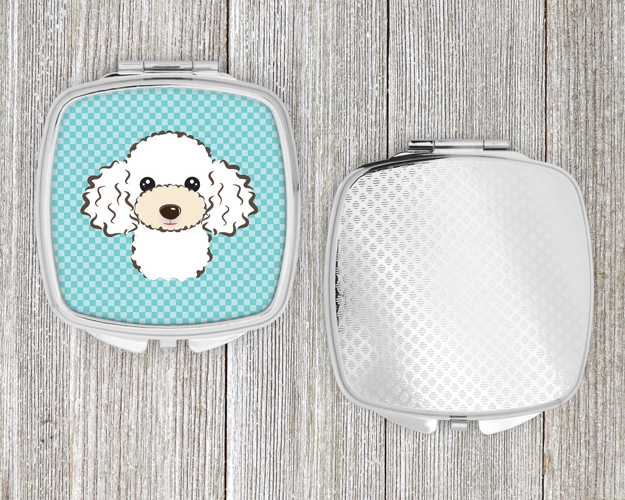 Checkerboard Blue White Poodle Compact Mirror Decorative Travel Makeup Mirror for Women Girls Gifts Pocket Makeup Mirror Folding Handheld