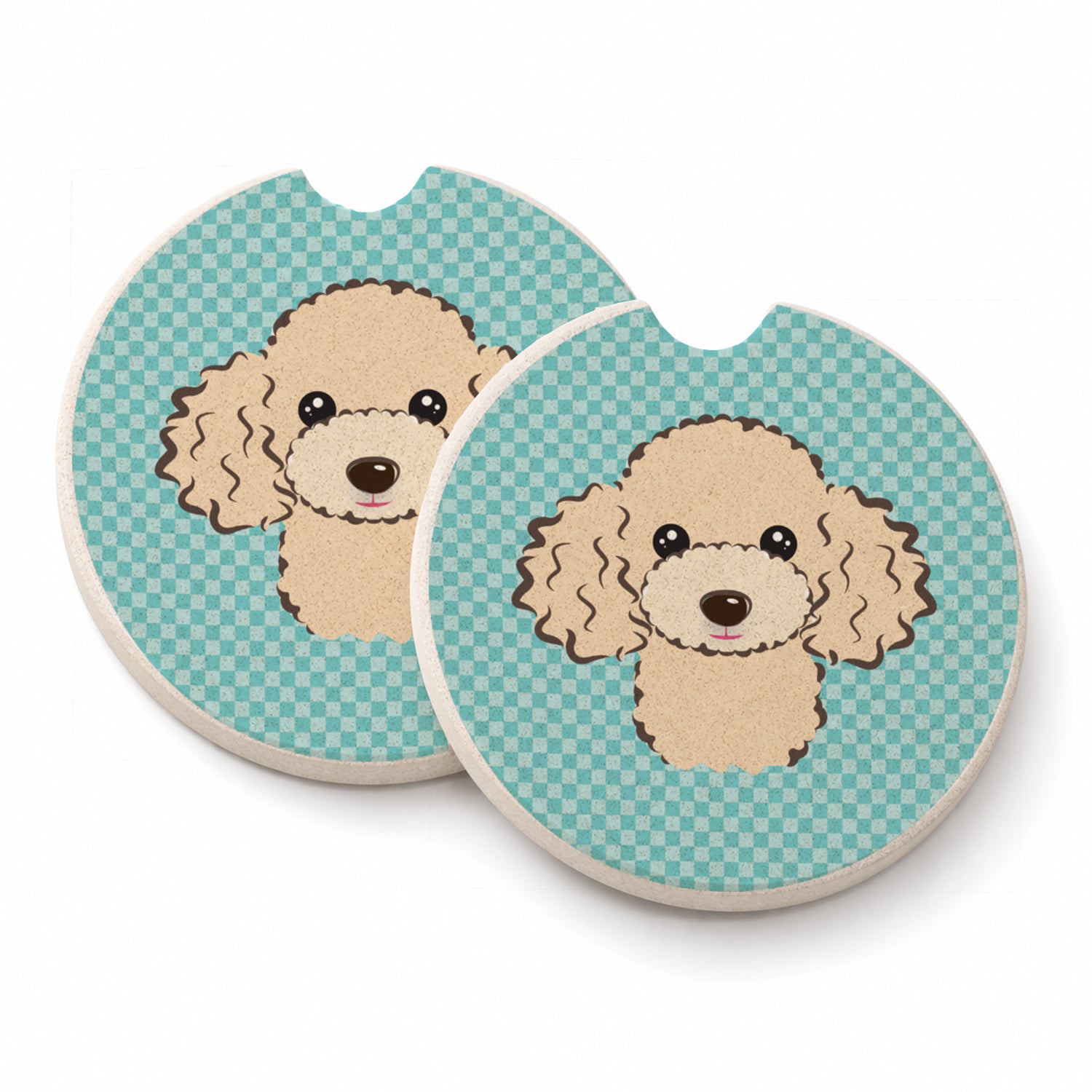 Checkerboard Blue Buff Poodle Set of 2 Cup Holder Car Coasters Absorbent Round Sandstone Coasters Gifts for Men or Women, 2.5, Multicolor