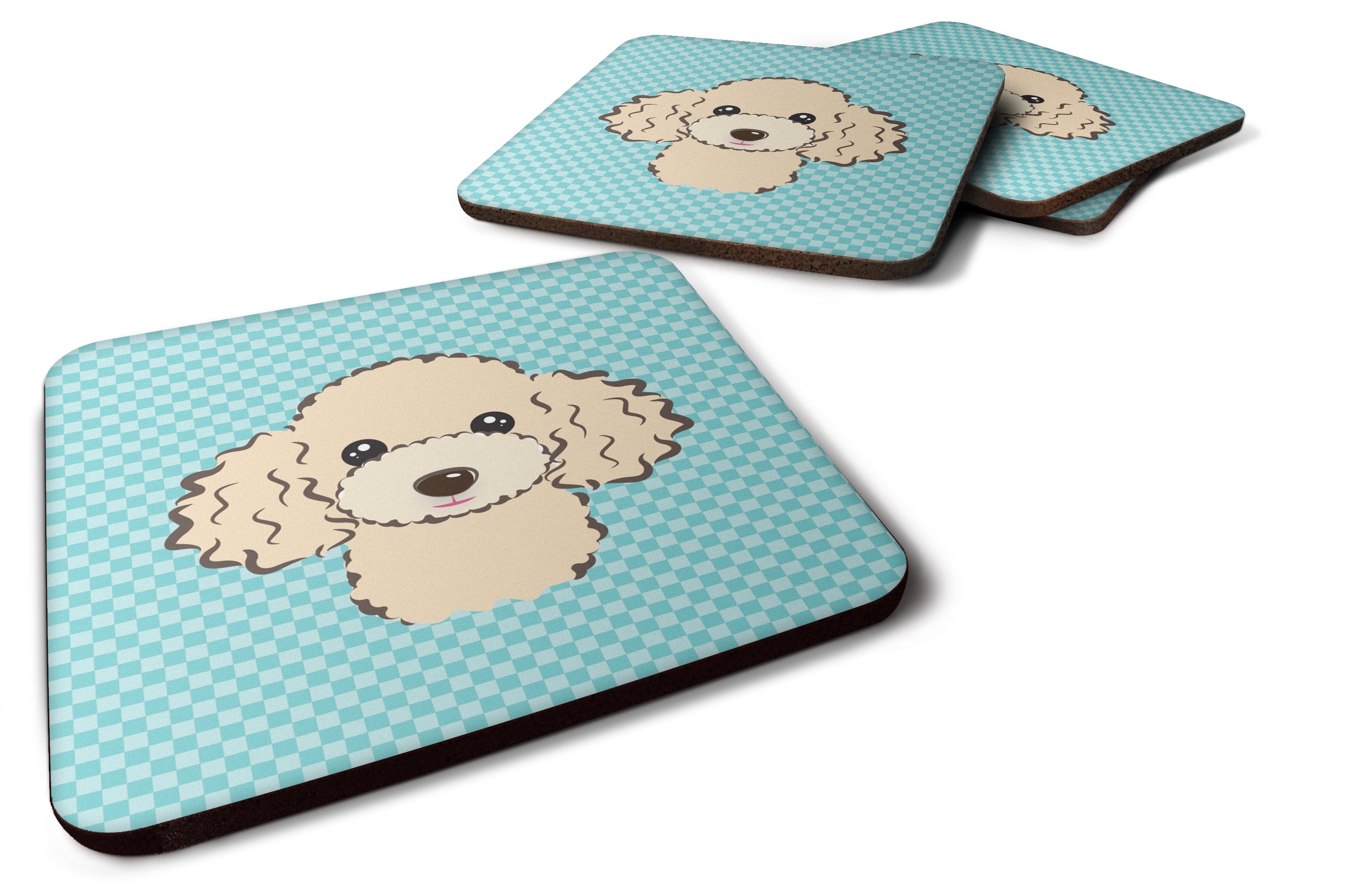 Checkerboard Blue Buff Poodle Foam Coasters Set of 4 Cup Coasters for Indoor Outdoor, Tabletop Protection, Anti Slip, Mouse pad Material