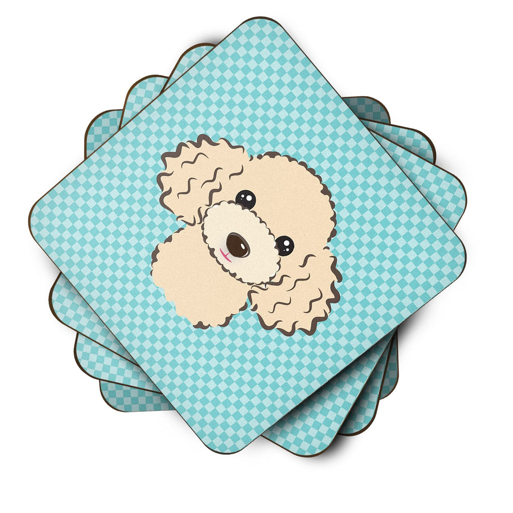 Checkerboard Blue Buff Poodle Foam Coasters Set of 4 Cup Coasters for Indoor Outdoor, Tabletop Protection, Anti Slip, Mouse pad Material