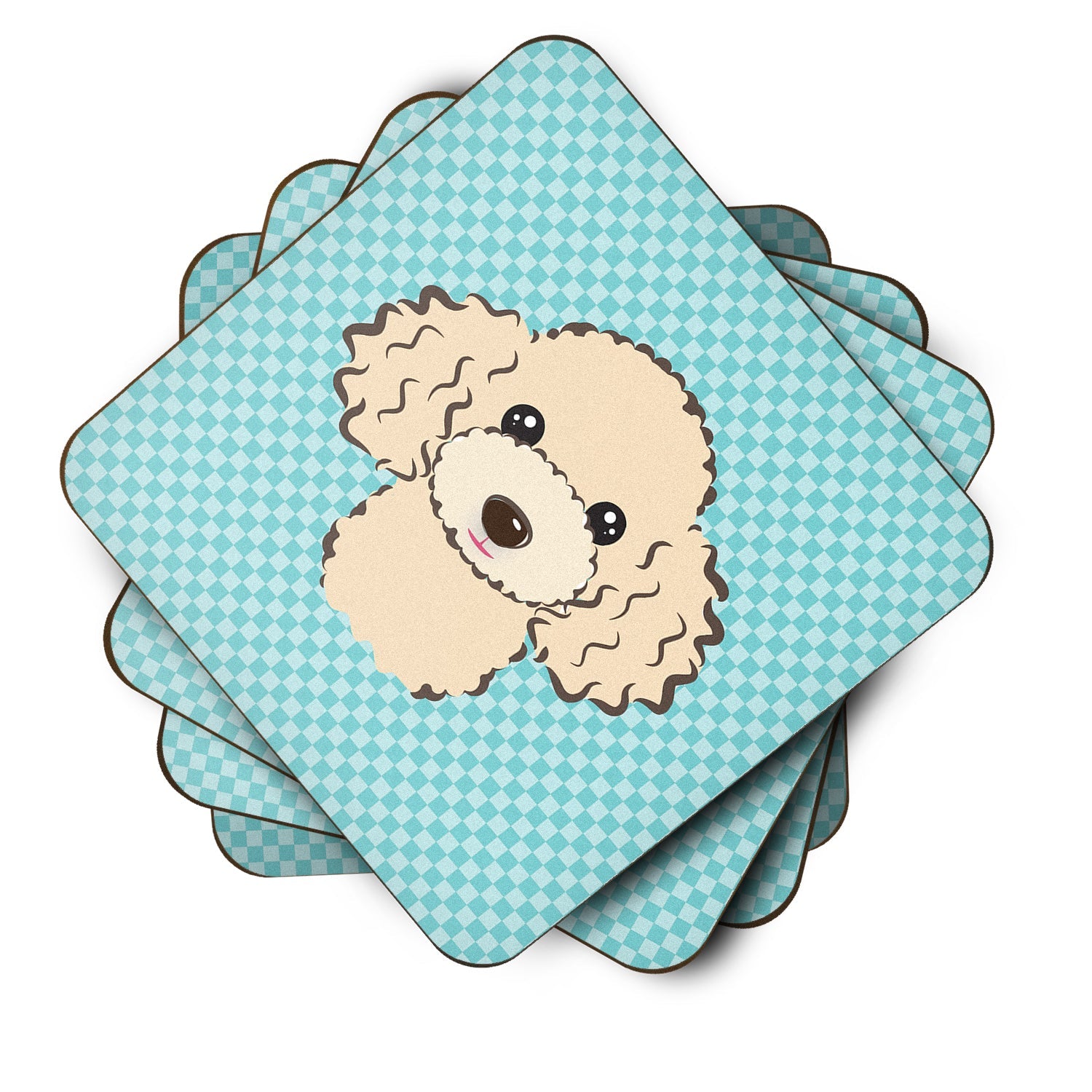 Checkerboard Blue Buff Poodle Foam Coasters Set of 4 Cup Coasters for Indoor Outdoor, Tabletop Protection, Anti Slip, Mouse pad Material