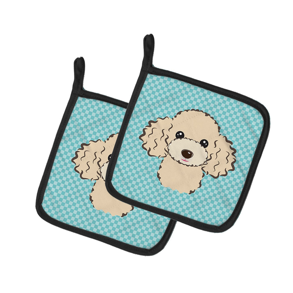 Checkerboard Blue Buff Poodle Pot Holder Set of 2 Heat Resistant Quilted Hot Pads 7.5 x 7.5 Inch, Insulated Kitchen Trivets for Cooking & Baking