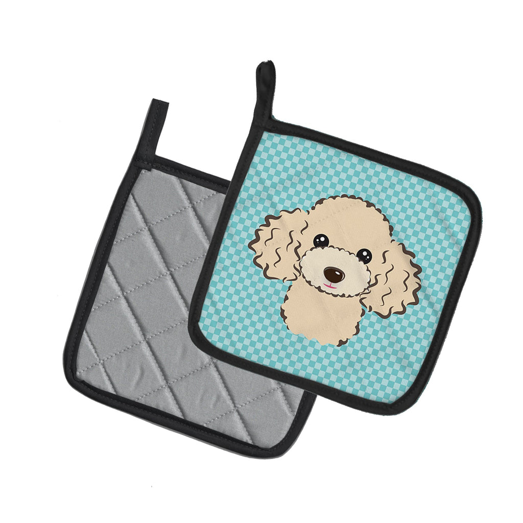 Checkerboard Blue Buff Poodle Pot Holder Set of 2 Heat Resistant Quilted Hot Pads 7.5 x 7.5 Inch, Insulated Kitchen Trivets for Cooking & Baking