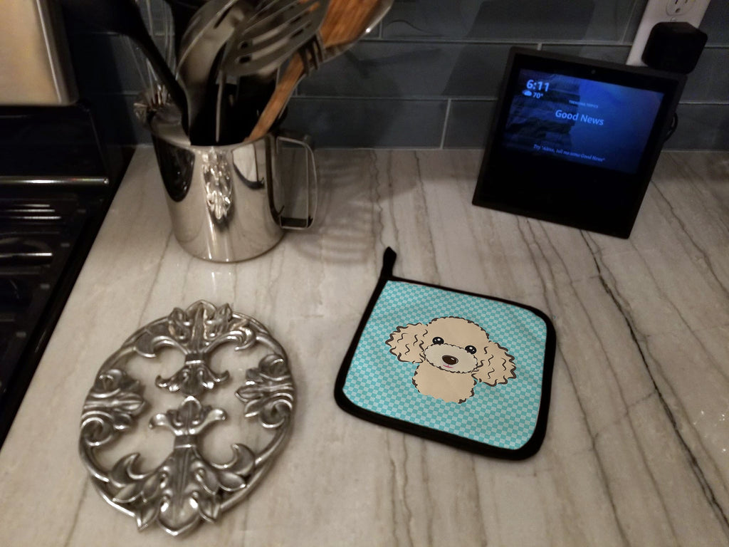 Checkerboard Blue Buff Poodle Pot Holder Set of 2 Heat Resistant Quilted Hot Pads 7.5 x 7.5 Inch, Insulated Kitchen Trivets for Cooking & Baking