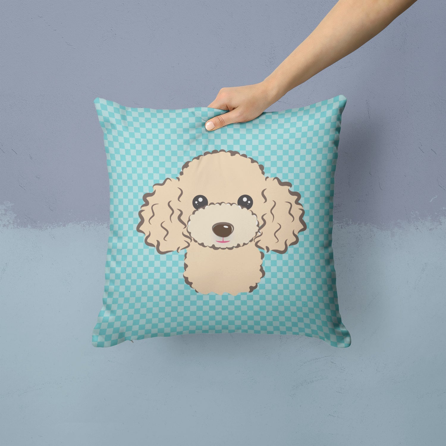 Checkerboard Blue Buff Poodle Decorative Throw Pillow 14x14 Indoor Outdoor Accent Cushion, Fabric Cover with Insert for Sofa, Bed, Porch & Living Room