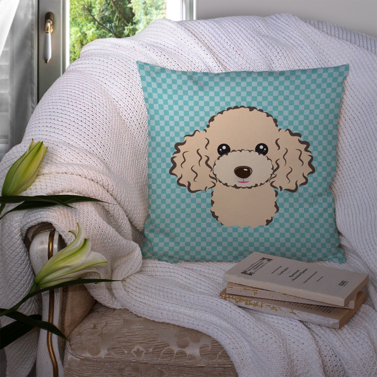 Checkerboard Blue Buff Poodle Decorative Throw Pillow 14x14 Indoor Outdoor Accent Cushion, Fabric Cover with Insert for Sofa, Bed, Porch & Living Room