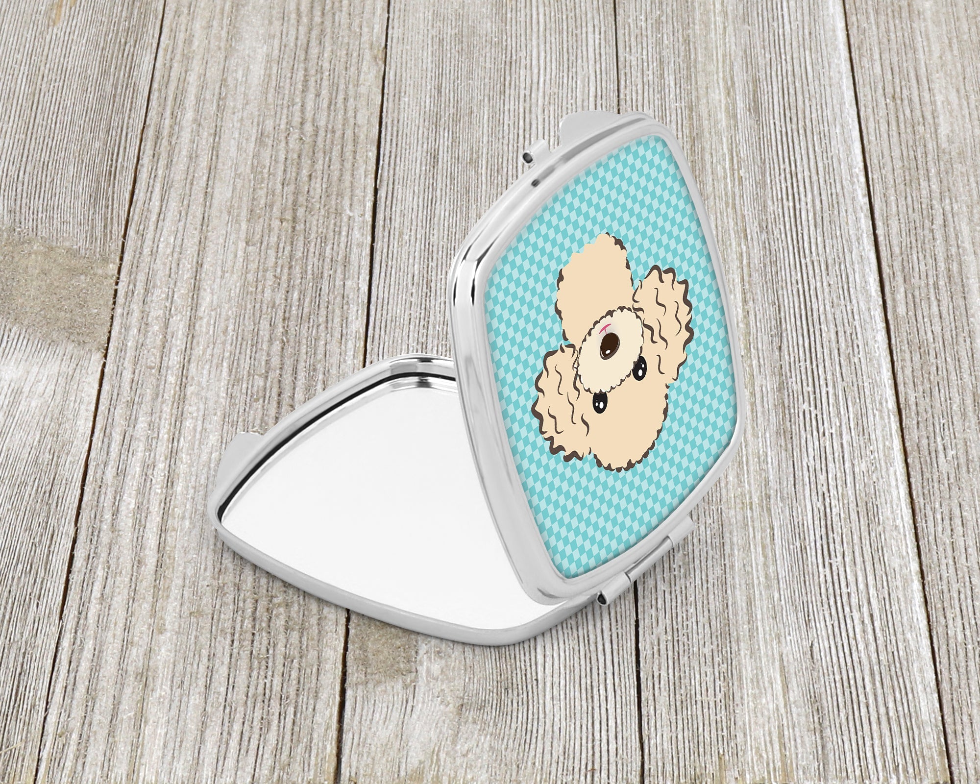 Checkerboard Blue Buff Poodle Compact Mirror Decorative Travel Makeup Mirror for Women Girls Gifts Pocket Makeup Mirror Folding Handheld