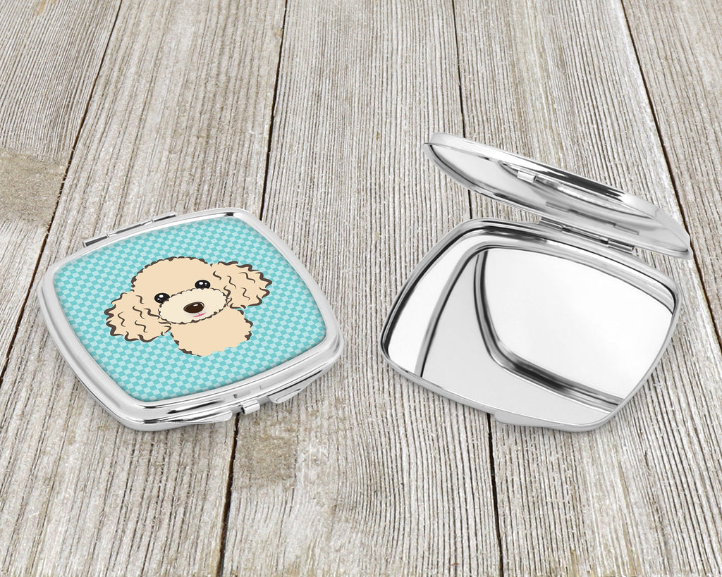 Checkerboard Blue Buff Poodle Compact Mirror Decorative Travel Makeup Mirror for Women Girls Gifts Pocket Makeup Mirror Folding Handheld